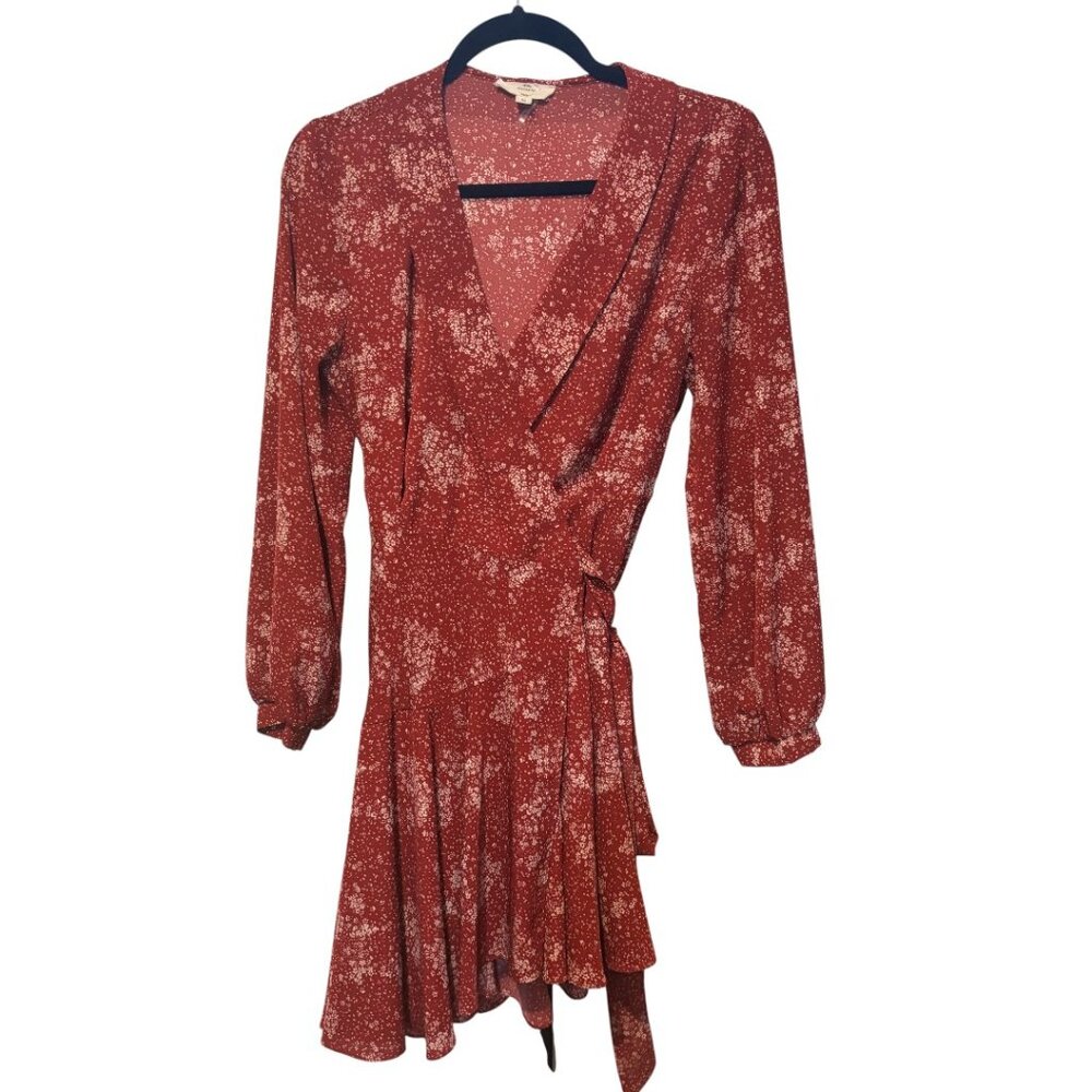 Entro Burgundy White Print Long Sleeve Wrap Dress